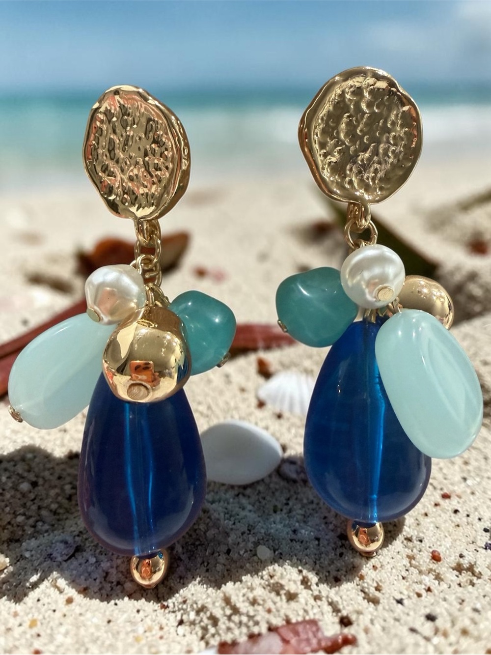 Gold and Blue Cluster Drop Earrings with Aqua Accents